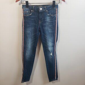 Zara Jrs Size 2 Skinny Mid Rise Blue Jeans Denim Ankle Slit Pants Stripe /A195